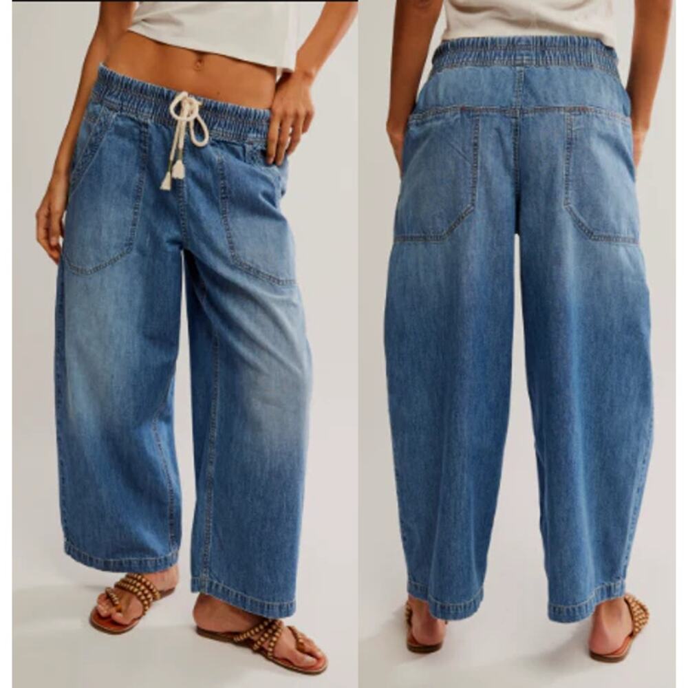 Free People Blue Cropped Wide-Leg Drawstring Jeans